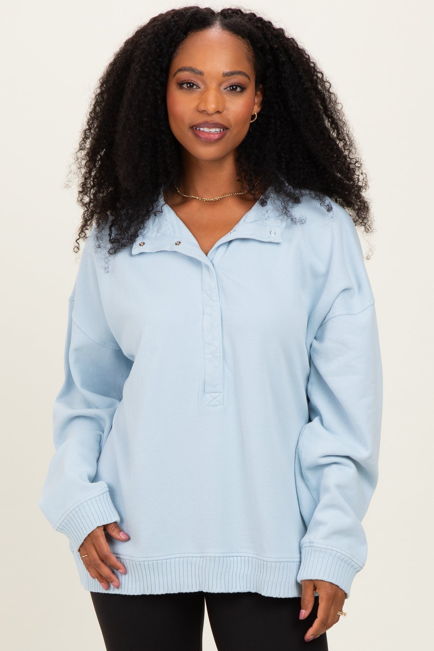 Light Blue Snap Collar Oversized Maternity Sweatshirt