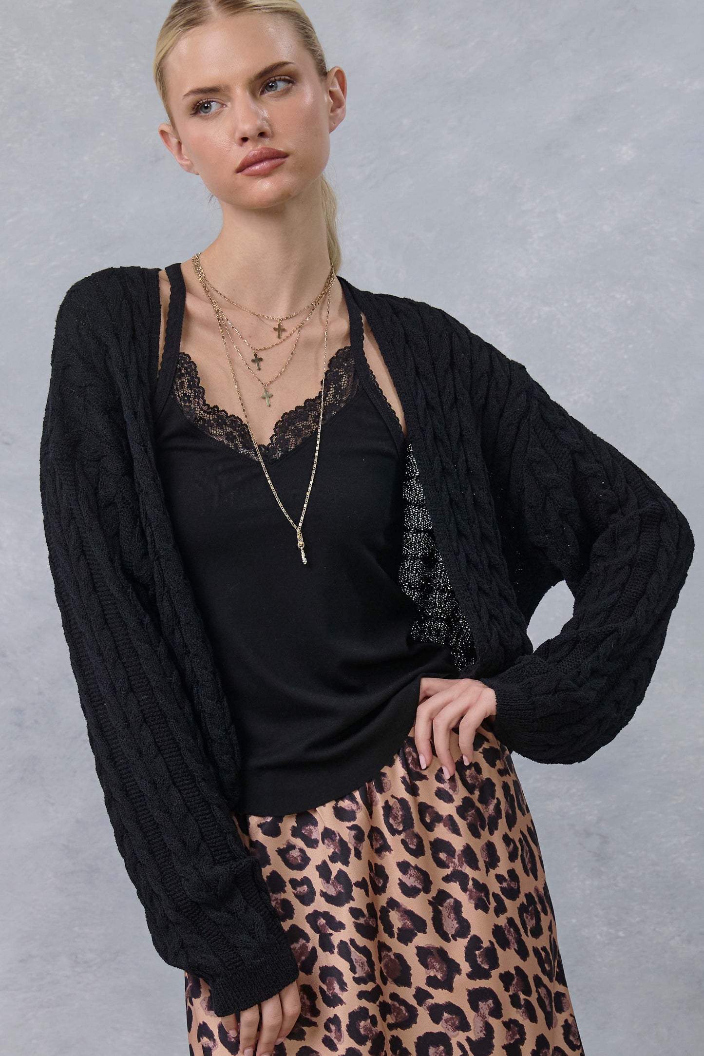 Black Dolman Sleeve Boho Cable Knit Maternity Cardigan