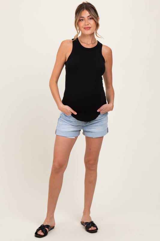 Light Blue Distressed Rolled Cuff Maternity Jean Shorts