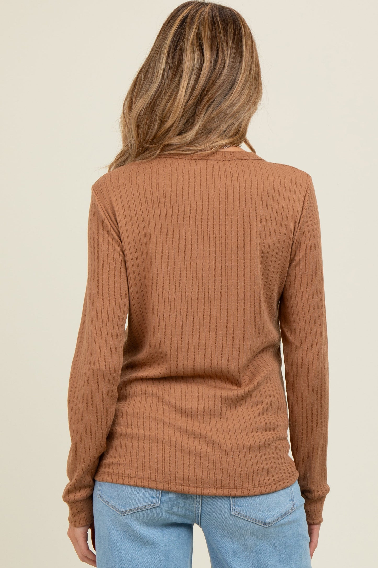 Camel Pointelle Knit Maternity Long Sleeve Top