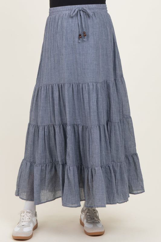 Denim Blue Tiered Drawstring Maternity Maxi Skirt