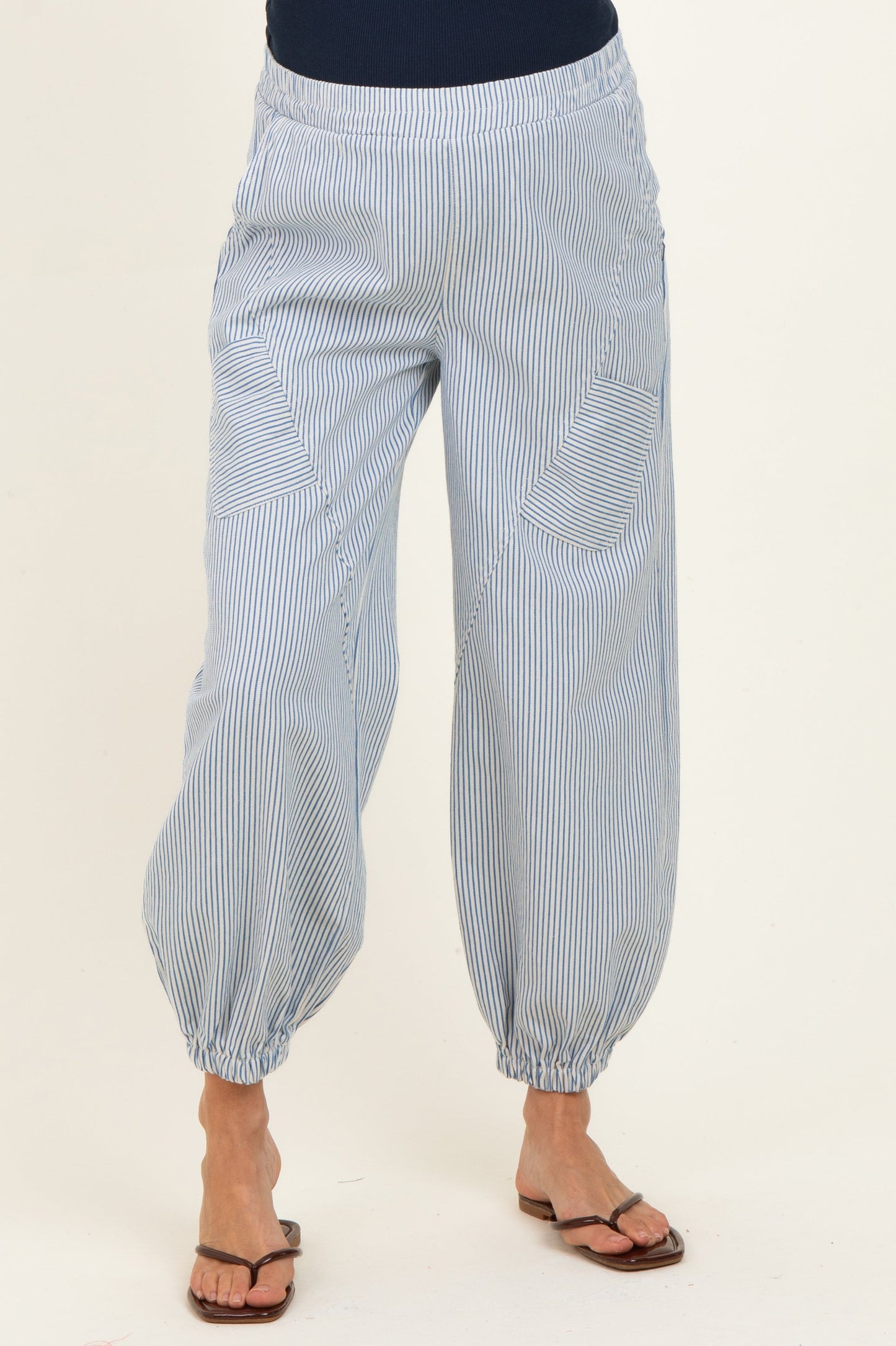 Blue Striped Patch Pocket Maternity Pants