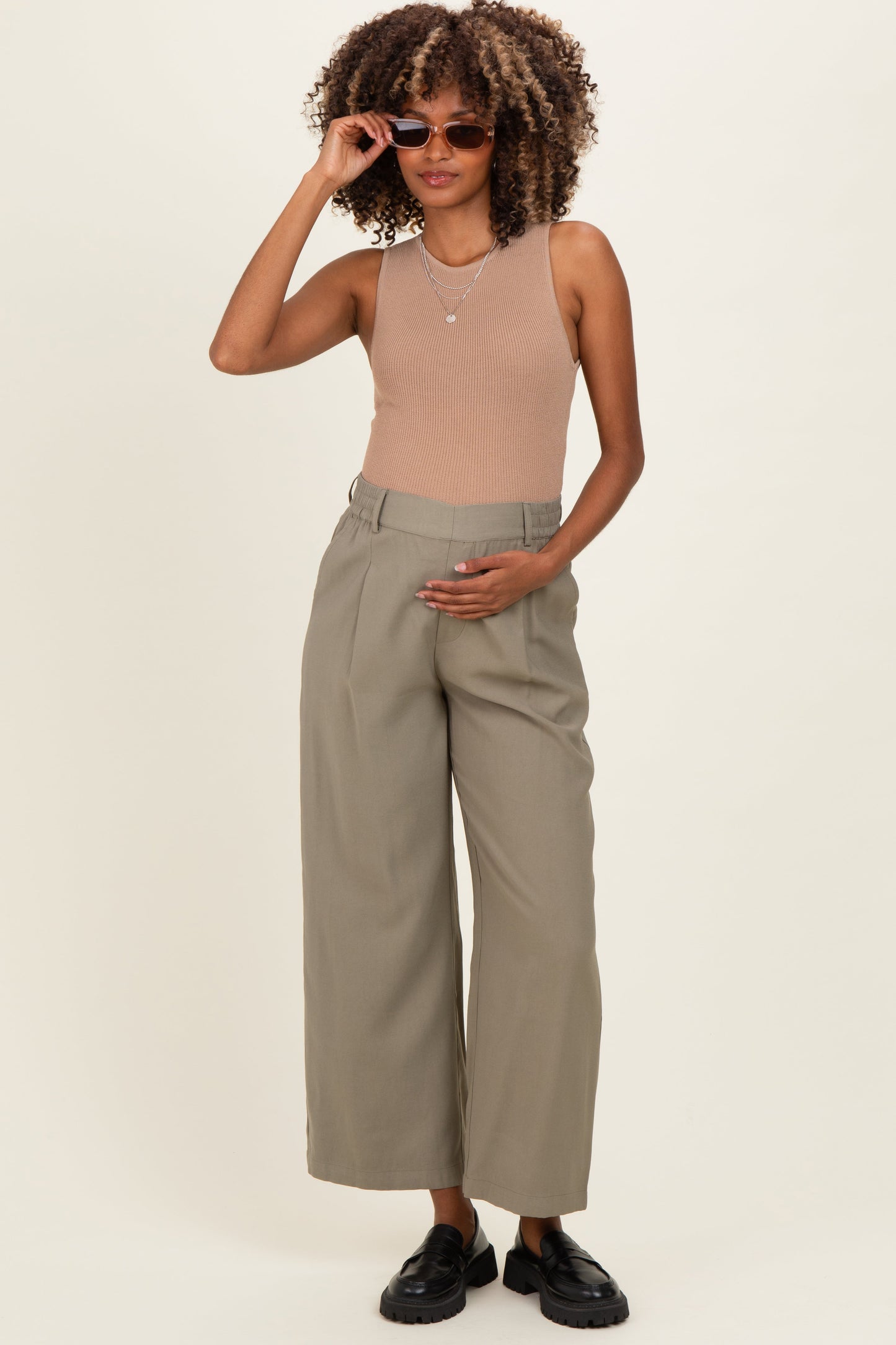 Olive Elastic Waistband Maternity Trousers