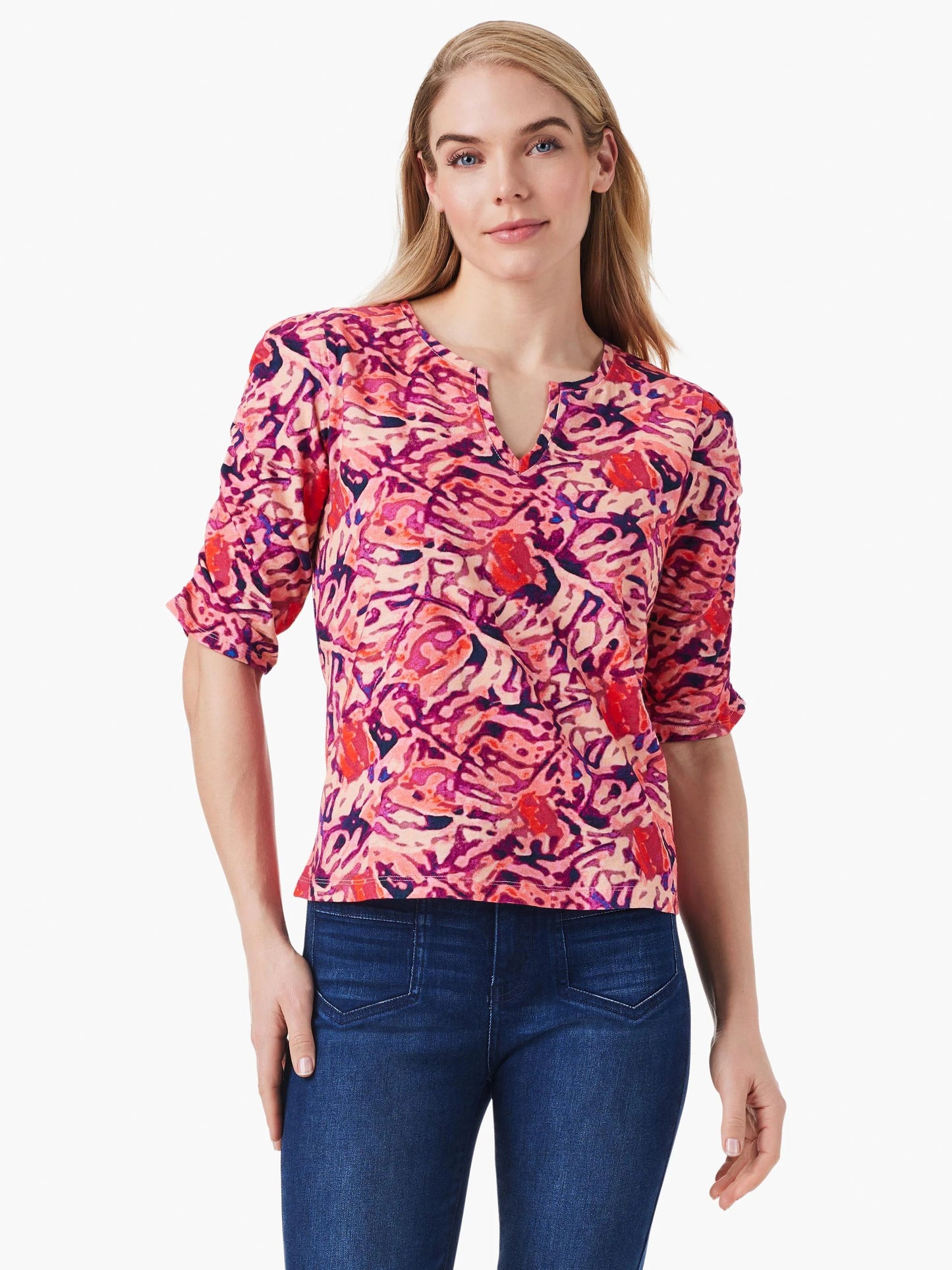 NZT Floral Ruched Elbow Sleeve Split Top