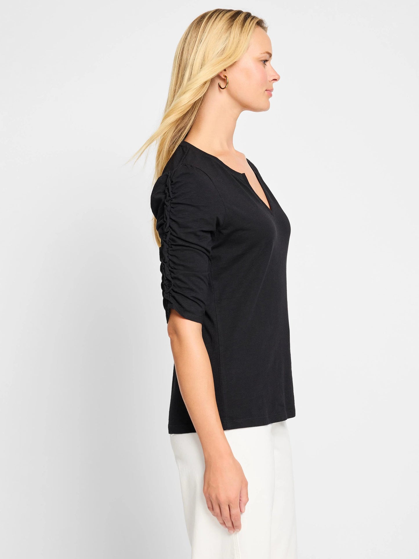 NZT Ruched Elbow Sleeve Split Neck Tee